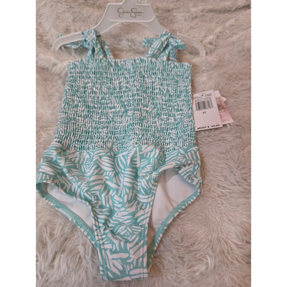 Jessica Simpson Girls Smocked One-Piece Swimsuit Teal Floral XD478JSH2 3T